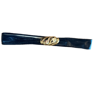 Vintage 80s Genuine Leather Sash Belt Sculptural Gold Wave Buckle